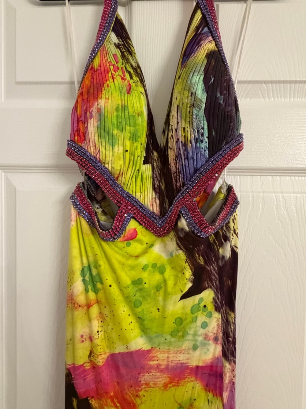 Jovani Yellow Pink Green Purple Beaded Halter Gown